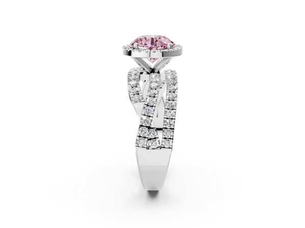 Platinum Fancy Pink Round  Cut Halo Split Shank Prong Setting Ring