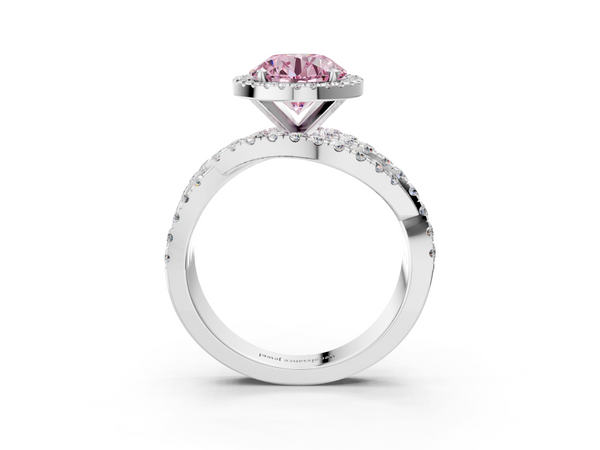 Platinum Fancy Pink Round  Cut Halo Split Shank Prong Setting Ring