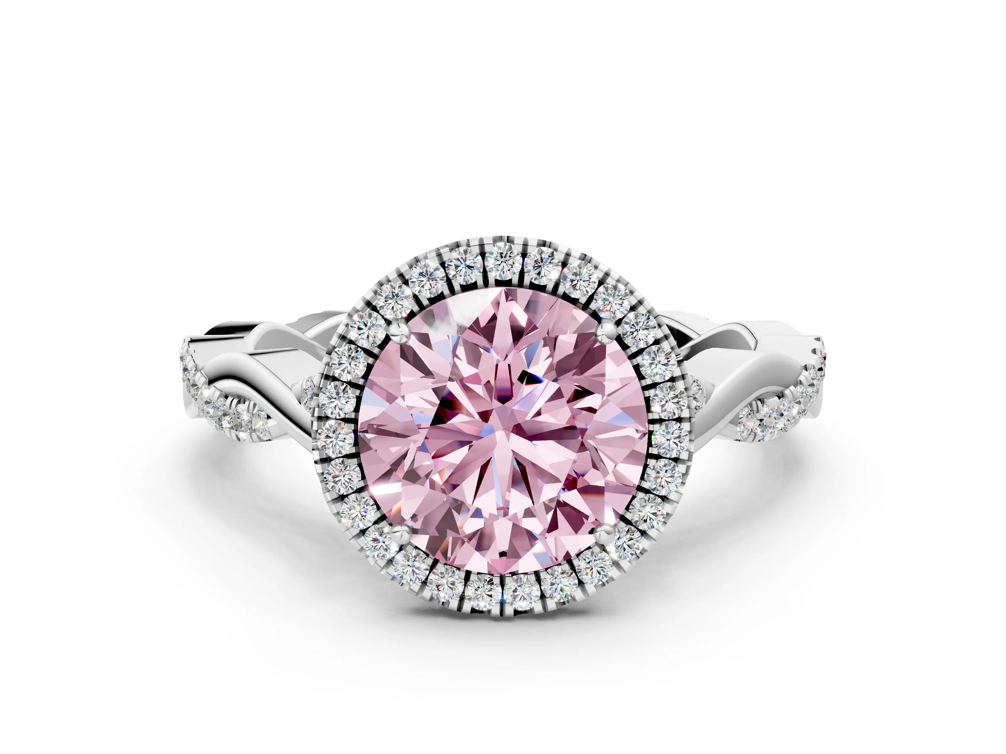 White gold Fancy Pink Round Cut Halo Twist Band with Four-Prong Setting