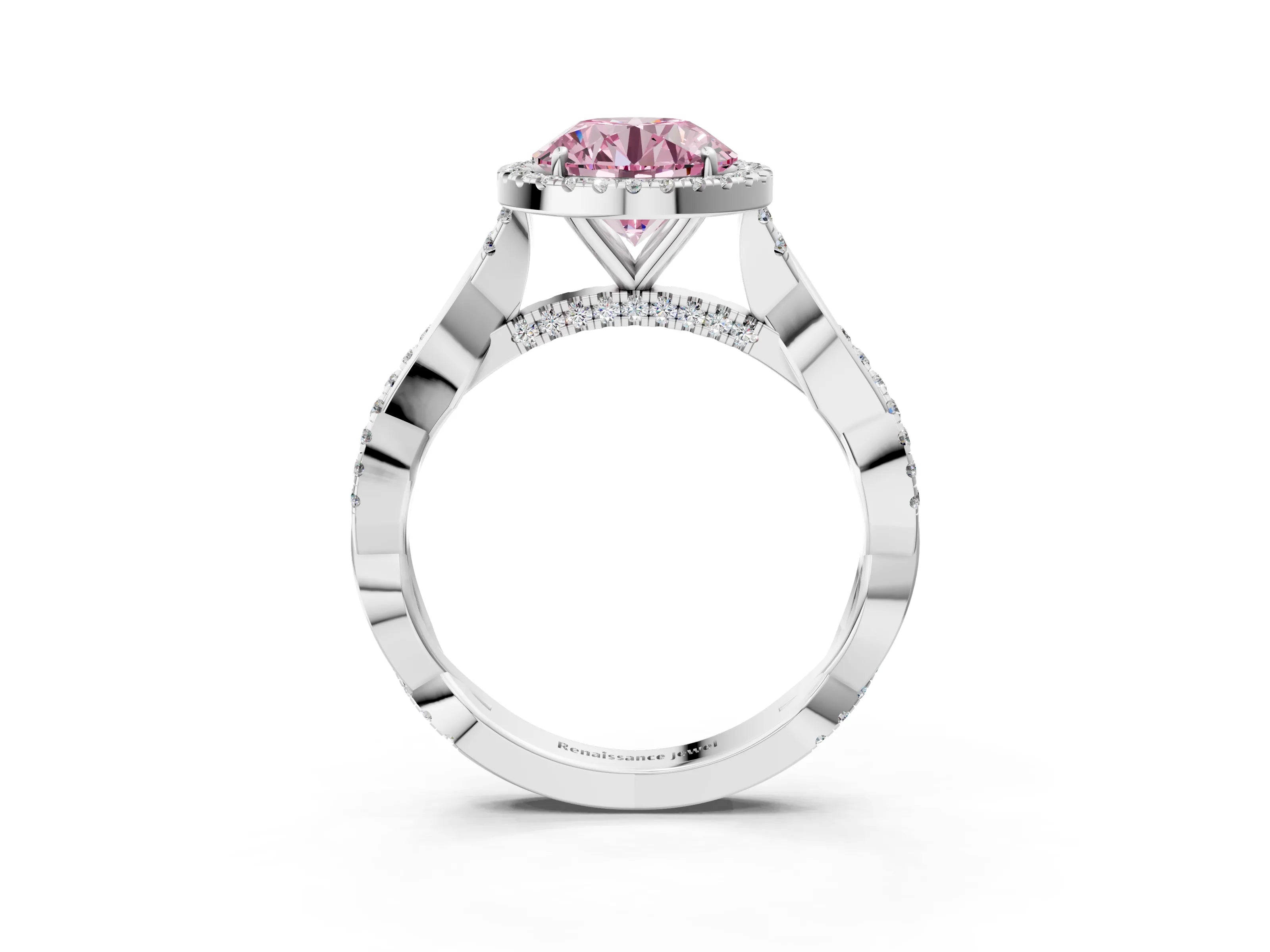 White gold Fancy Pink Round Cut Halo Twist Band with Four-Prong Setting_3