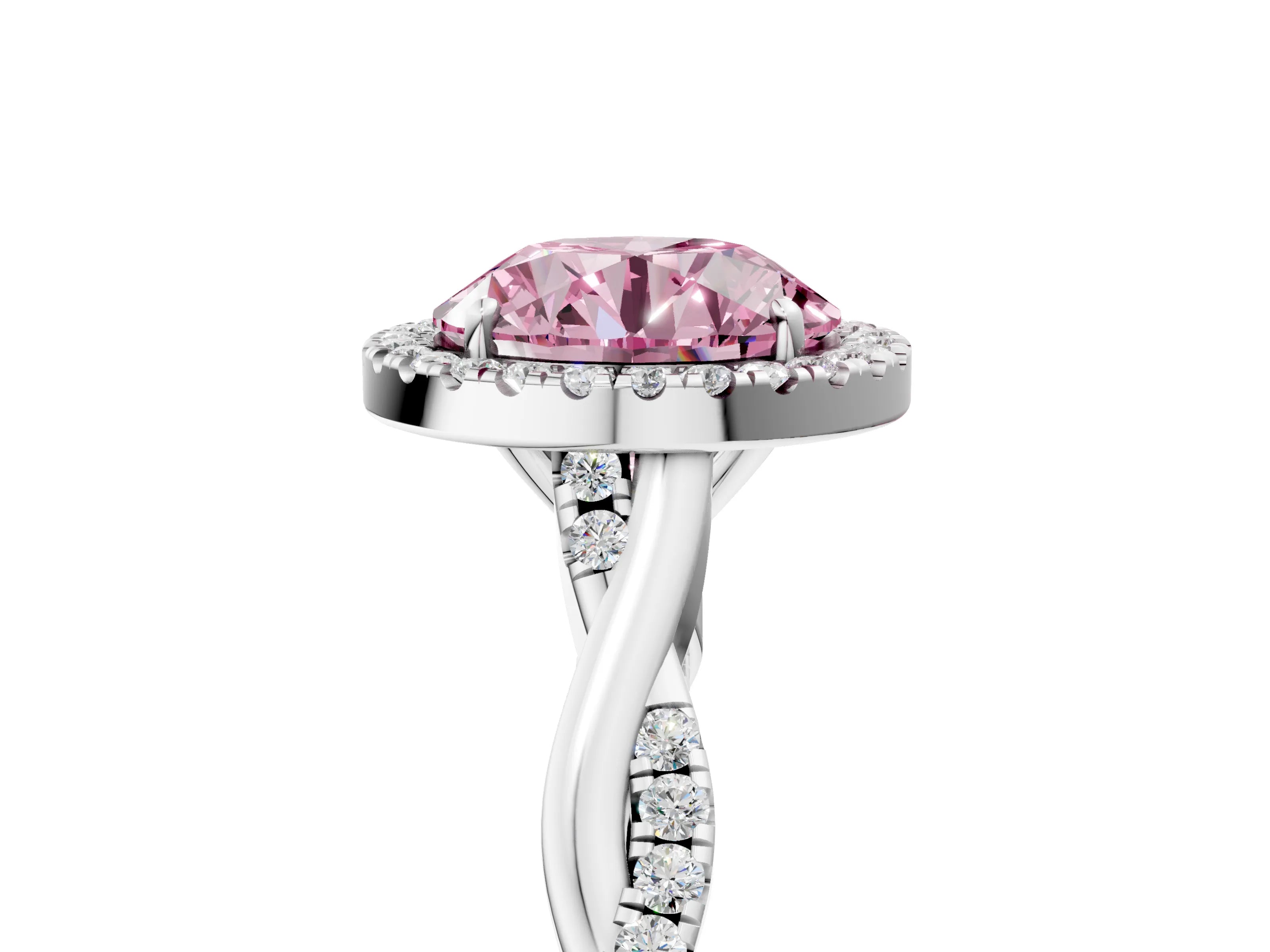White gold Fancy Pink Round Cut Halo Twist Band with Four-Prong Setting_5