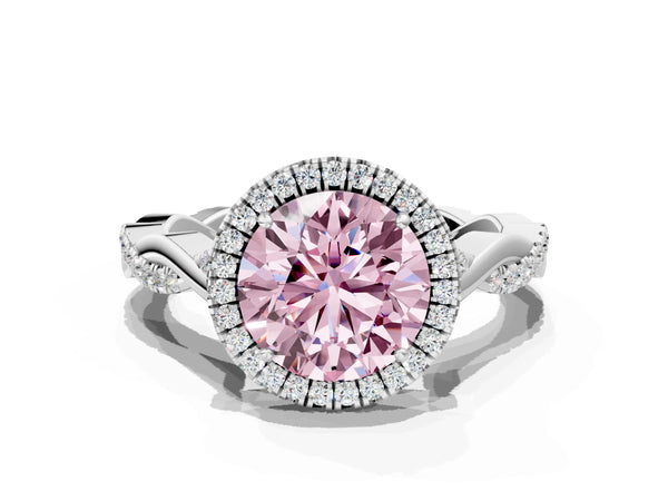 Platinum Fancy Pink Round Cut Halo Twist Band with Four-Prong Setting