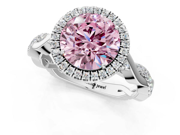 Platinum Fancy Pink Round Cut Halo Twist Band with Four-Prong Setting