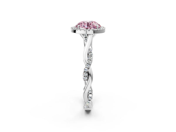 Platinum Fancy Pink Round Cut Halo Twist Band with Four-Prong Setting
