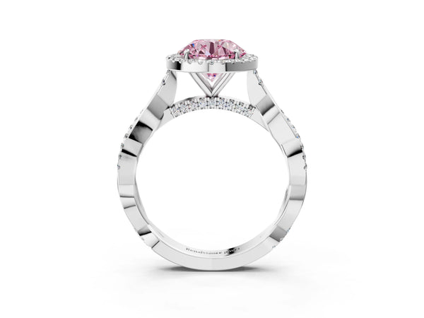 Platinum Fancy Pink Round Cut Halo Twist Band with Four-Prong Setting