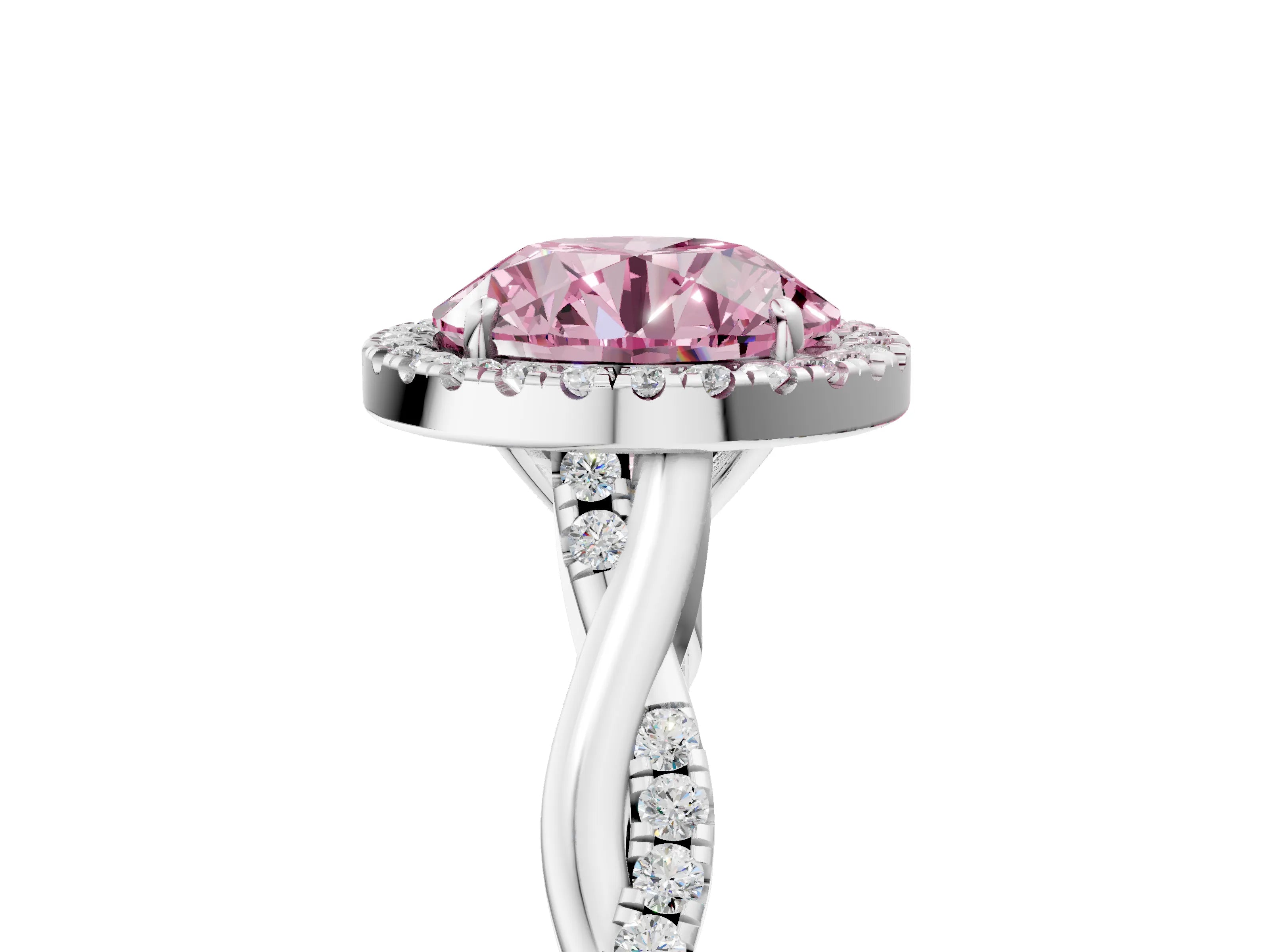 White gold Fancy Pink Round Cut Halo Twist Band with Four-Prong Setting_77