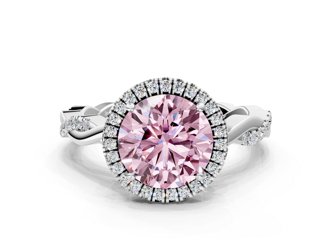 White gold Fancy Pink Round  Cut Halo Twisted Band Four-Prong Ring