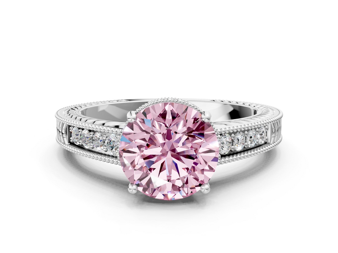 White gold Fancy Pink Round  Cut Milgrain Channel Set Engagement Ring with Solitaire Prong Setting