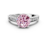 White gold Fancy Pink Round  Cut Milgrain Channel Set Engagement Ring with Solitaire Prong Setting