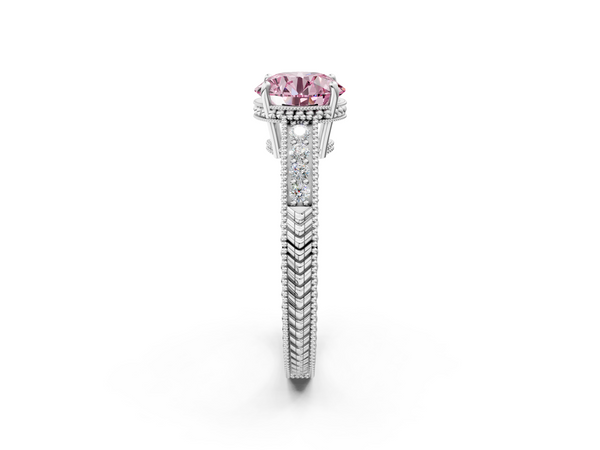 White gold Fancy Pink Round Cut Diamond Engagement Ring with Milgrain Channel Set Band and Prong Setting