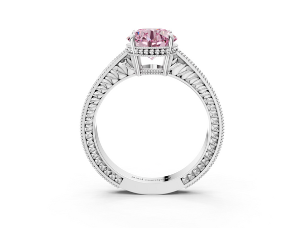 White gold Fancy Pink Round Cut Diamond Engagement Ring with Milgrain Channel Set Band and Prong Setting