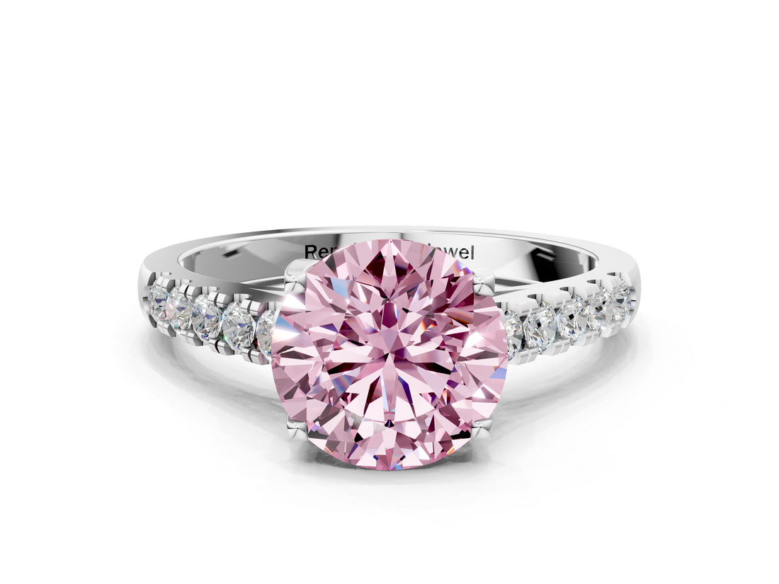 White gold Fancy Pink Round  Cut Pavé Band Solitaire Ring with Four-Prong Setting