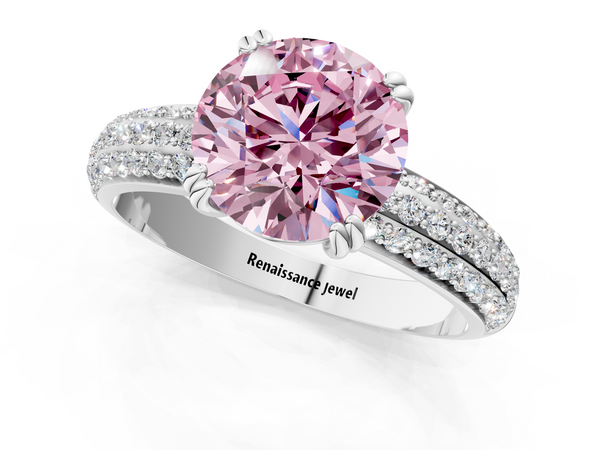 Platinum Fancy Pink Round  Cut Pave Diamond Engagement Ring with Channel Set Band and Four-Prong Setting