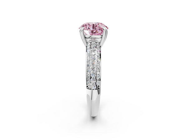 Platinum Fancy Pink Round  Cut Pave Diamond Engagement Ring with Channel Set Band and Four-Prong Setting