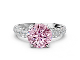 White gold Fancy Pink Round  Cut Pave Diamond Engagement Ring with Channel Set Band and Four-Prong Setting