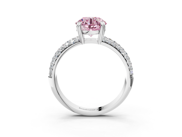 Platinum Fancy Pink Round  Cut Pave Diamond Engagement Ring with Channel Set Band and Four-Prong Setting