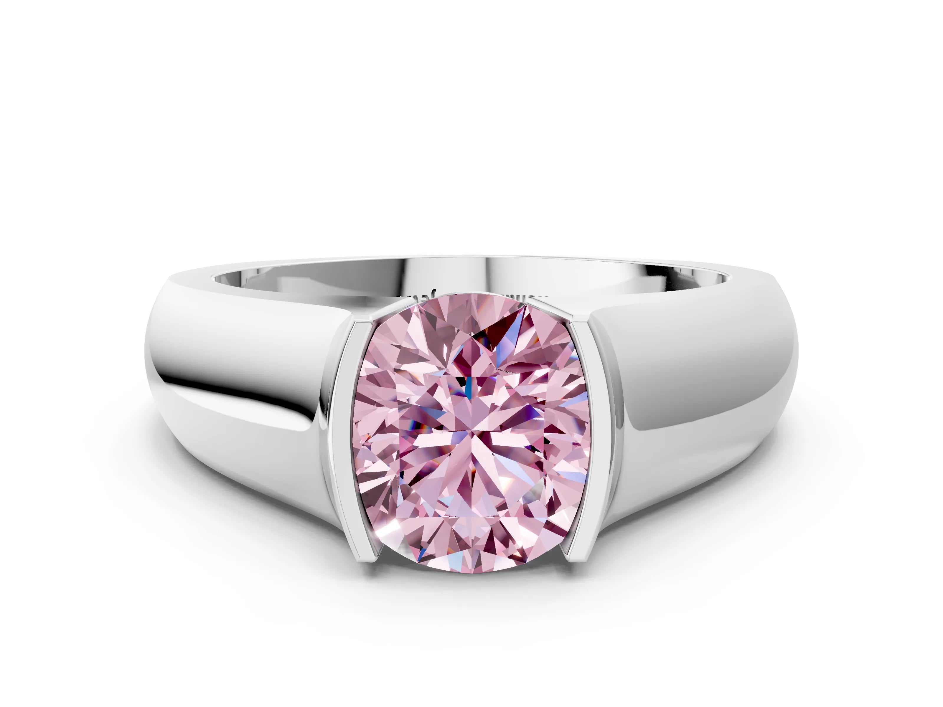 White gold Fancy Pink Round Cut Solitaire Bezel Set Diamond Ring with Wide Band_12