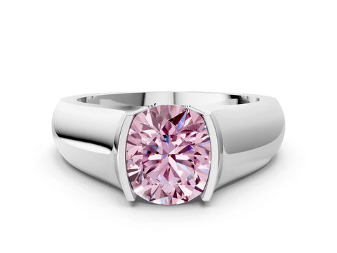 White gold Fancy Pink Round Cut Solitaire Bezel Set Diamond Ring with Wide Band_12