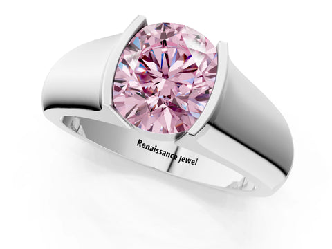 White gold Fancy Pink Round Cut Solitaire Bezel Set Diamond Ring with Wide Band_13