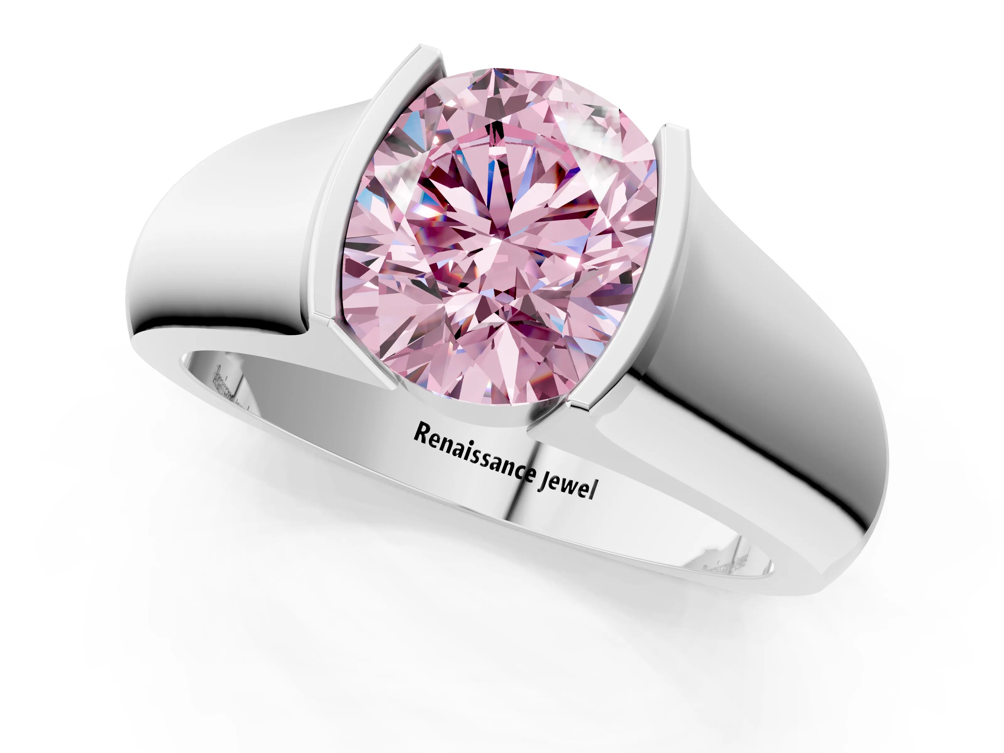 White gold Fancy Pink Round Cut Solitaire Bezel Set Diamond Ring with Wide Band_13