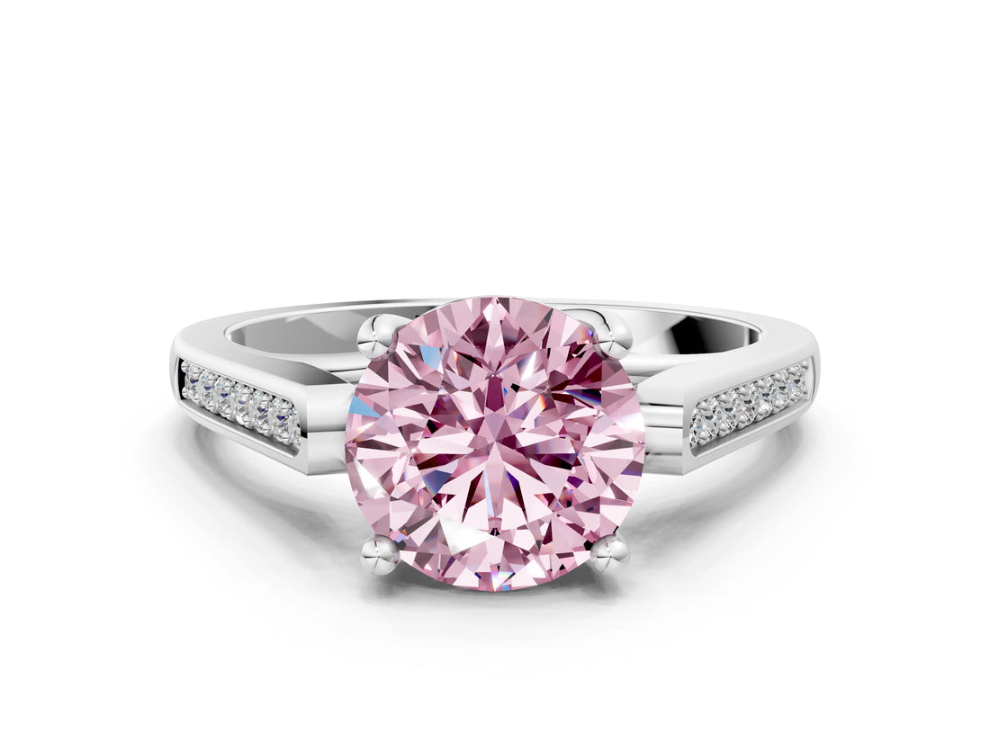 White gold Fancy Pink Round Cut Solitaire Cathedral Diamond Engagement Ring with Channel-Set Band and Four-Prong Setting_15