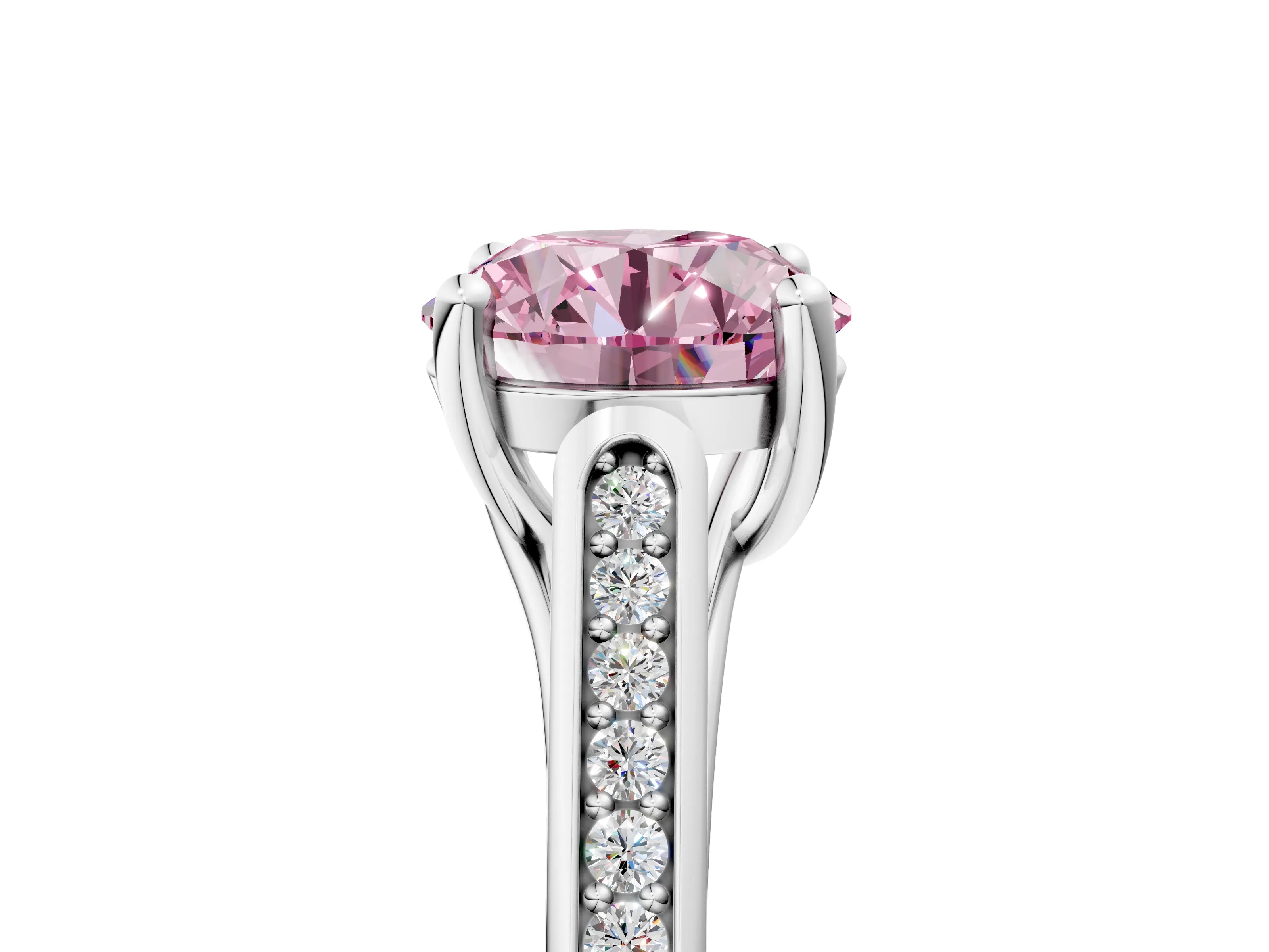 White gold Fancy Pink Round Cut Solitaire Cathedral Diamond Engagement Ring with Channel-Set Band and Four-Prong Setting_8