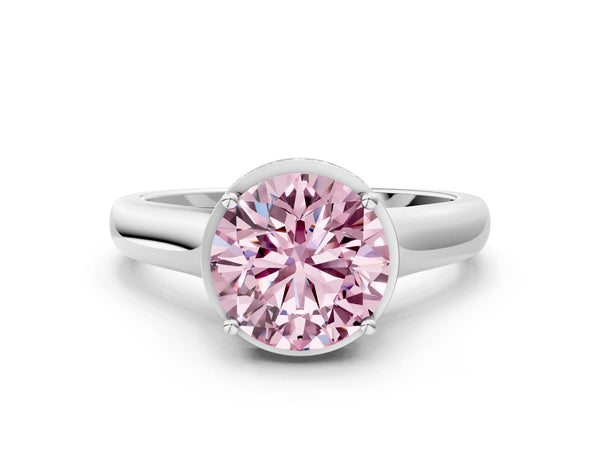 Platinum Fancy Pink Round Cut Solitaire Diamond Engagement Ring with Four-Prong Setting and Tapered Band