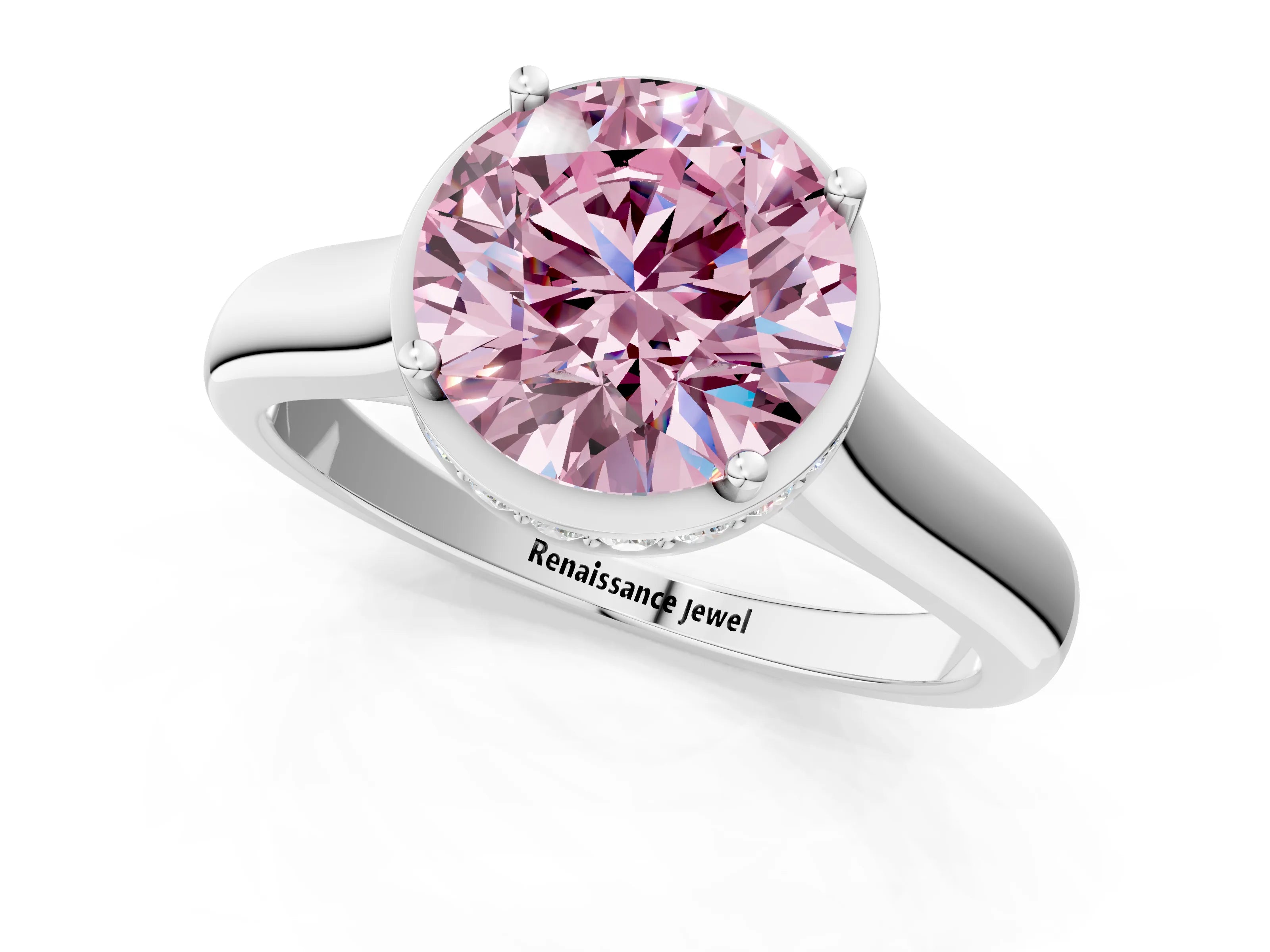 White gold Fancy Pink Round Cut Solitaire Diamond Engagement Ring with Four-Prong Setting and Tapered Band_1