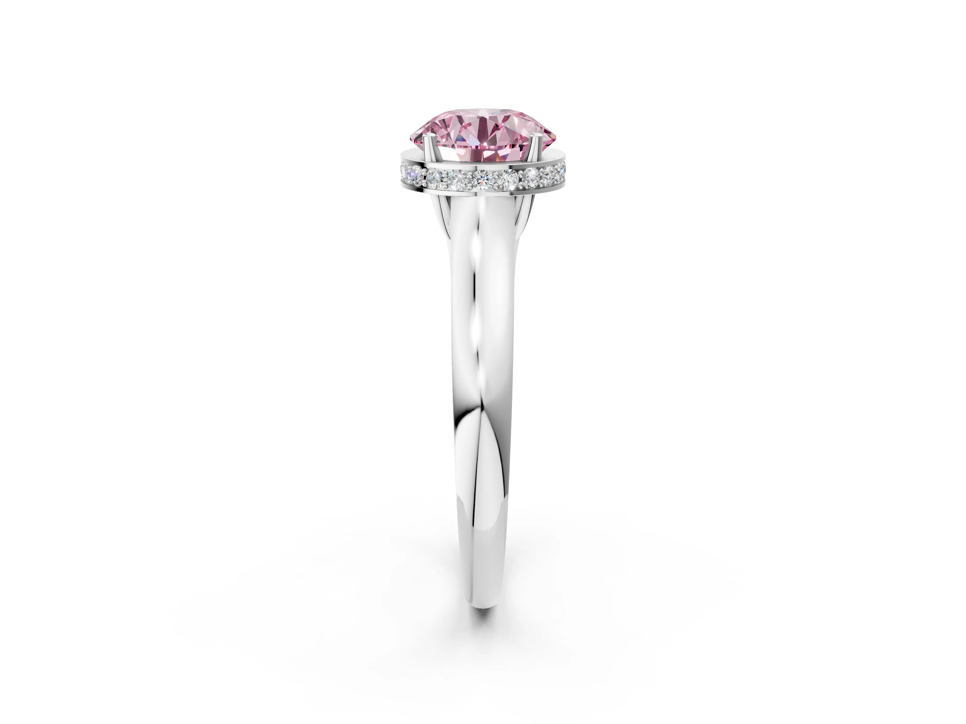 White gold Fancy Pink Round Cut Solitaire Diamond Engagement Ring with Four-Prong Setting and Tapered Band_14