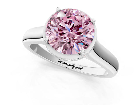 White gold Fancy Pink Round Cut Solitaire Diamond Engagement Ring with Four-Prong Setting and Tapered Band_1