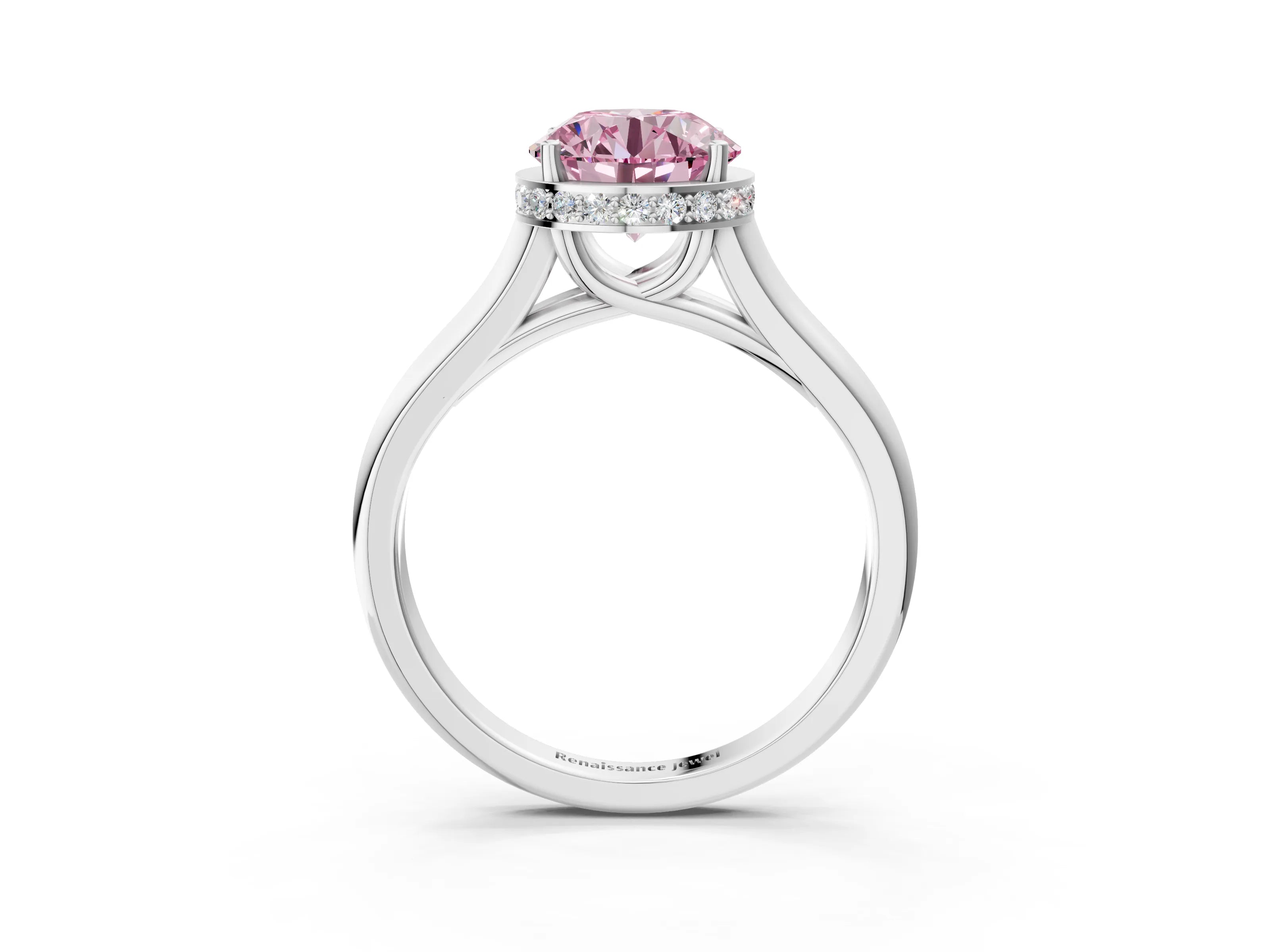 White gold Fancy Pink Round Cut Solitaire Diamond Engagement Ring with Four-Prong Setting and Tapered Band_3