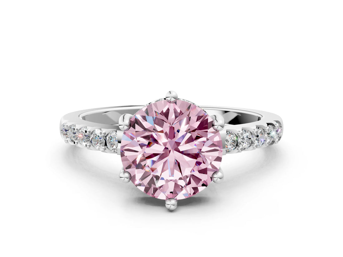 White gold Fancy Pink Round Cut Solitaire Diamond Engagement Ring with Pavé Band and Six-Prong Setting_12