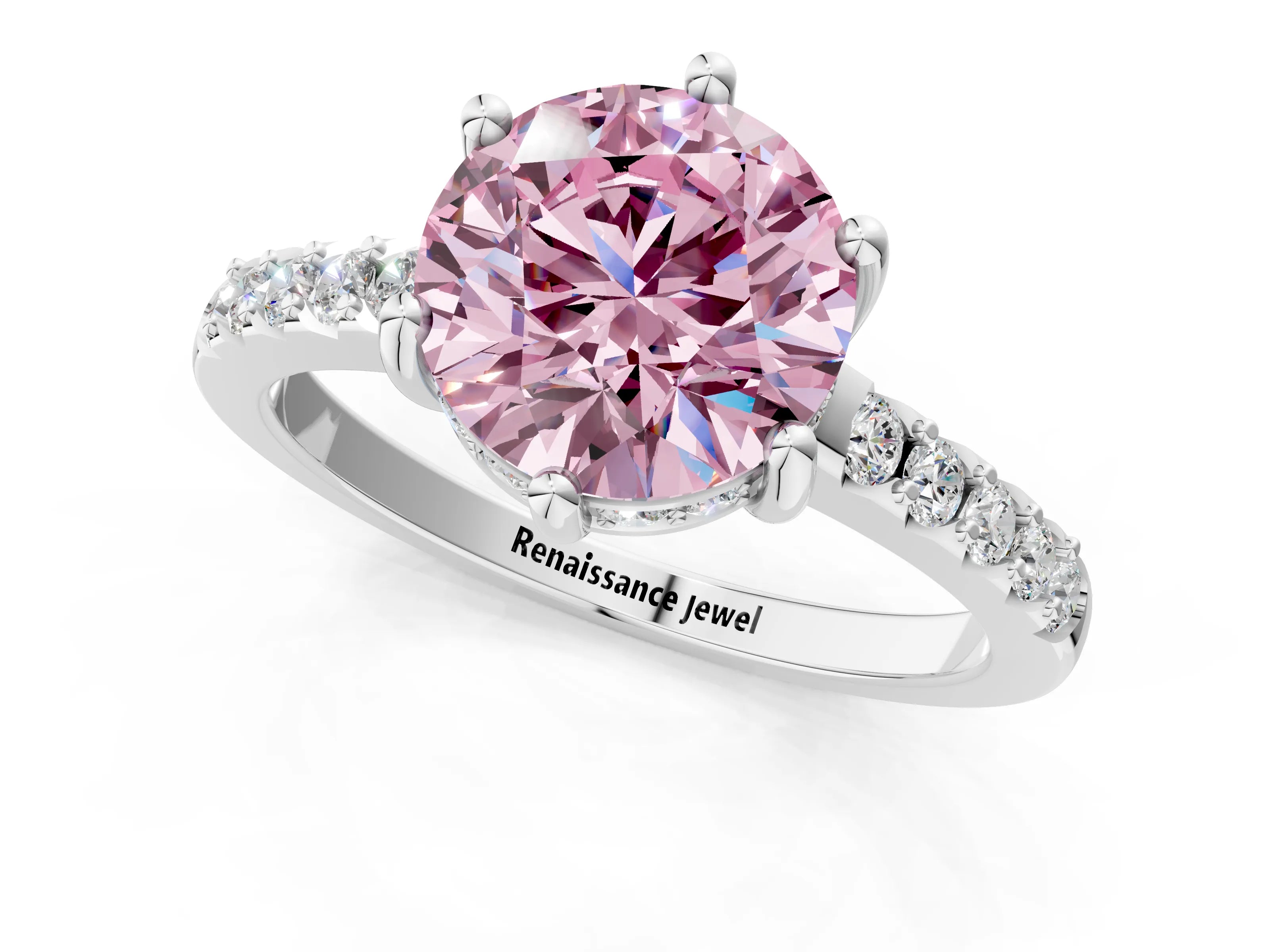 White gold Fancy Pink Round Cut Solitaire Diamond Engagement Ring with Pavé Band and Six-Prong Setting_13