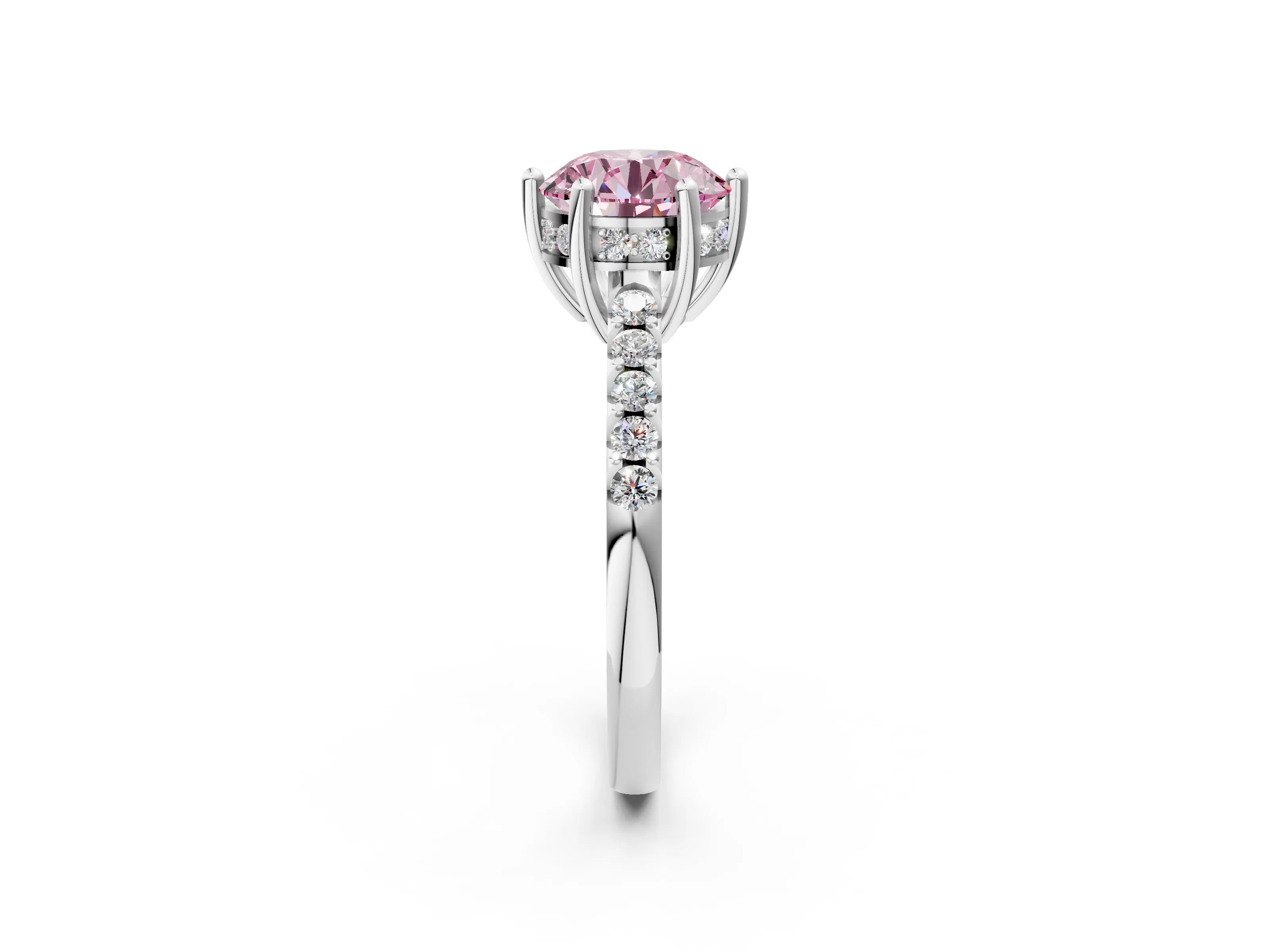 White gold Fancy Pink Round Cut Solitaire Diamond Engagement Ring with Pavé Band and Six-Prong Setting_14