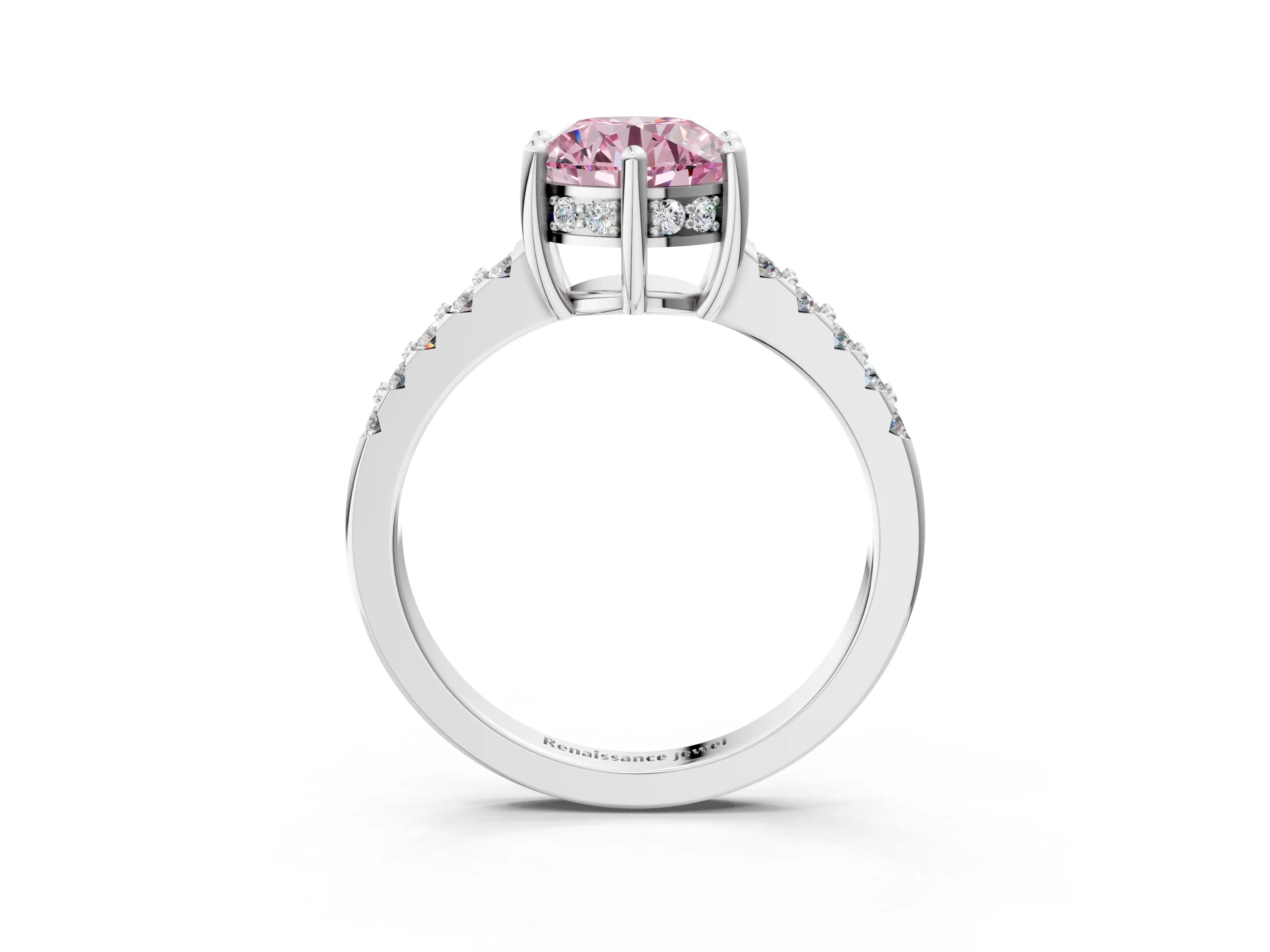 White gold Fancy Pink Round Cut Solitaire Diamond Engagement Ring with Pavé Band and Six-Prong Setting_15