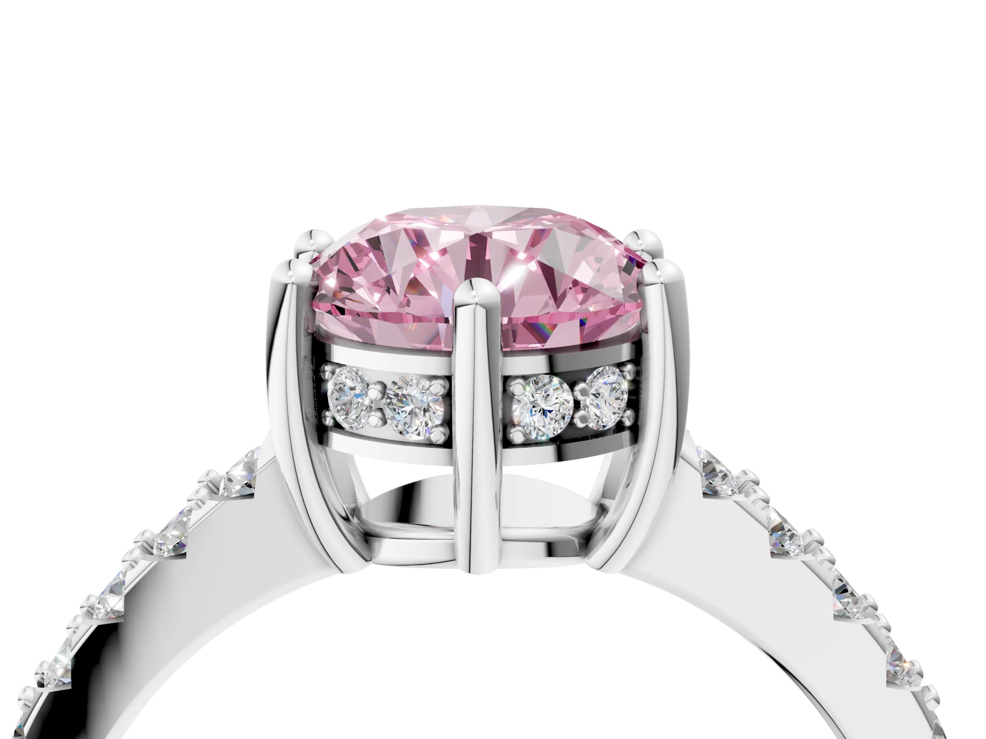 White gold Fancy Pink Round Cut Solitaire Diamond Engagement Ring with Pavé Band and Six-Prong Setting_16