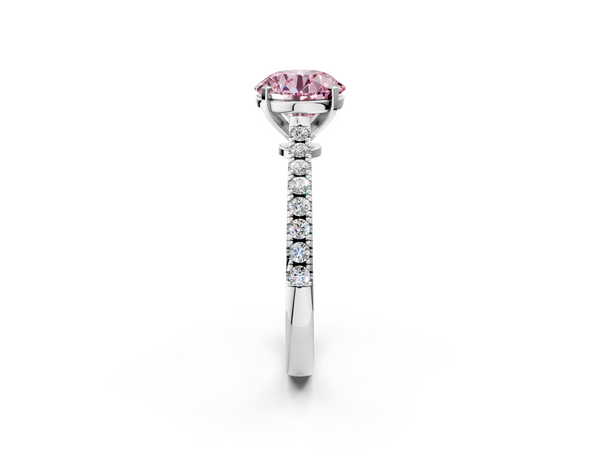 Platinum Fancy Pink Round  Cut Solitaire Diamond Engagement Ring with Pave Band and Four-Prong Setting