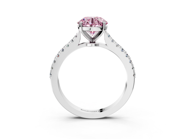 Platinum Fancy Pink Round  Cut Solitaire Diamond Engagement Ring with Pave Band and Four-Prong Setting