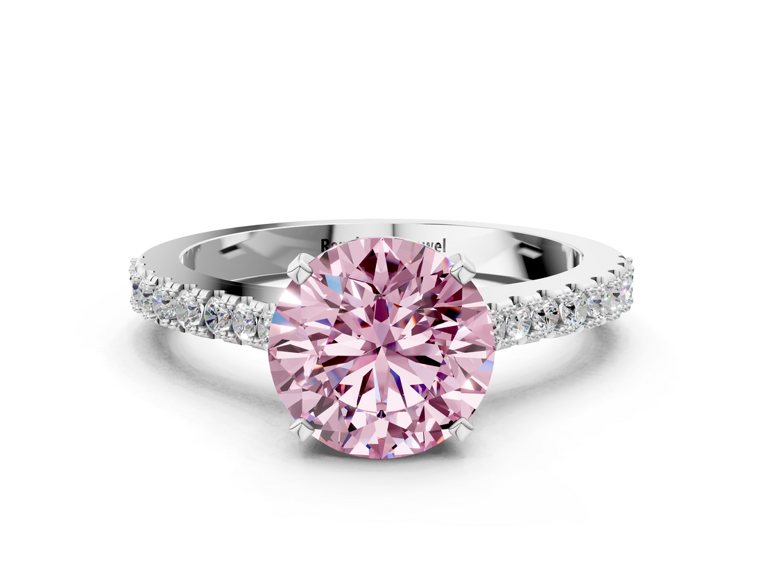 White gold Fancy Pink Round  Cut Solitaire Diamond Engagement Ring with Pave Band and Four-Prong Setting