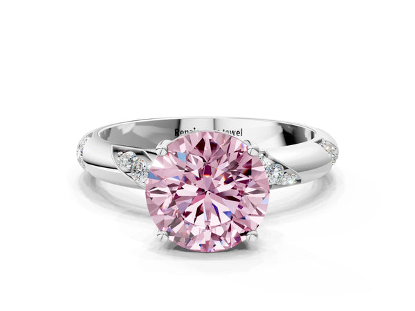 Platinum Fancy Pink Round Cut Solitaire Diamond Engagement Ring with Twisted Pave Band and Four-Prong Setting