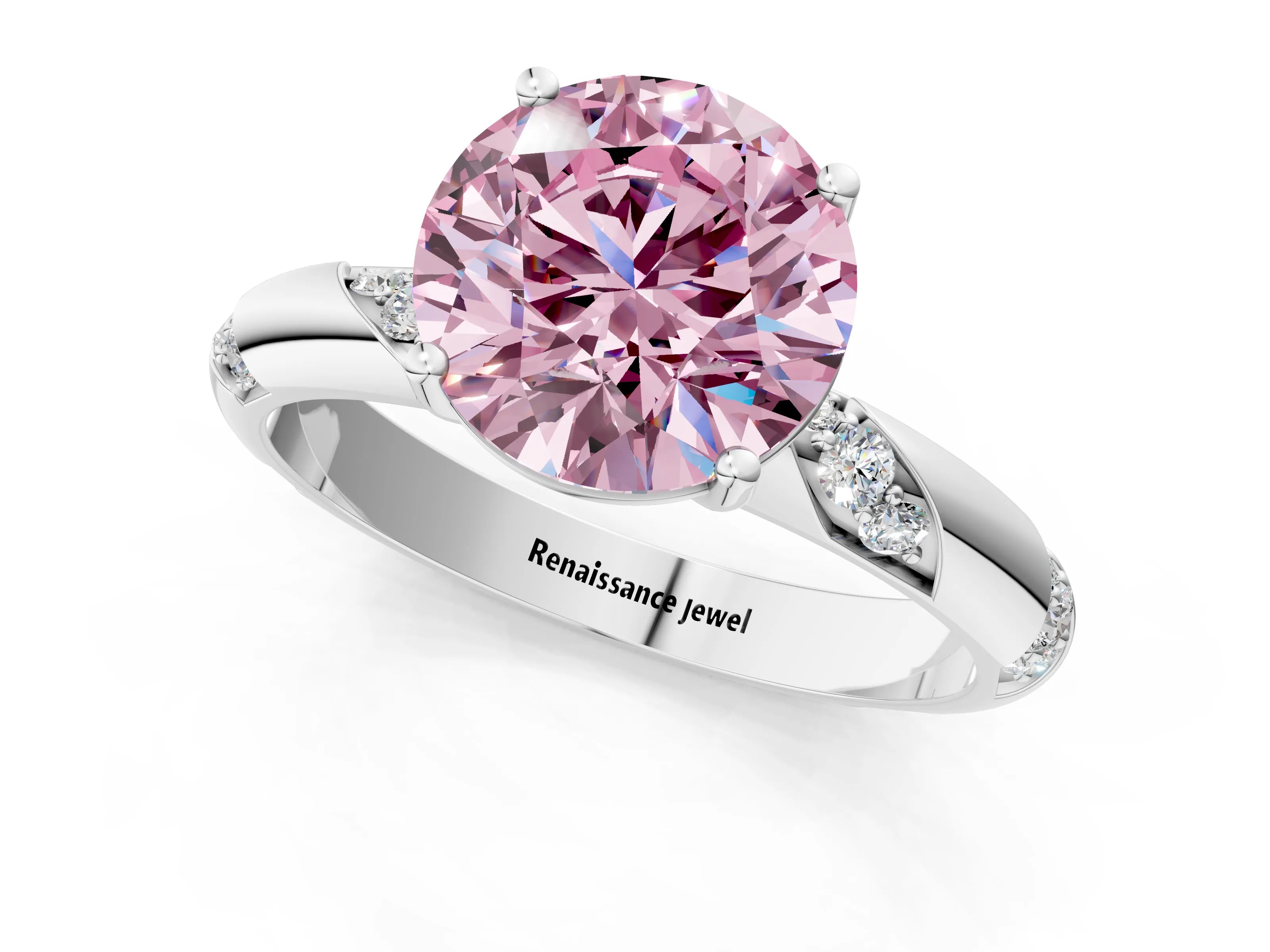 White gold Fancy Pink Round Cut Solitaire Diamond Engagement Ring with Twisted Pave Band and Four-Prong Setting_20