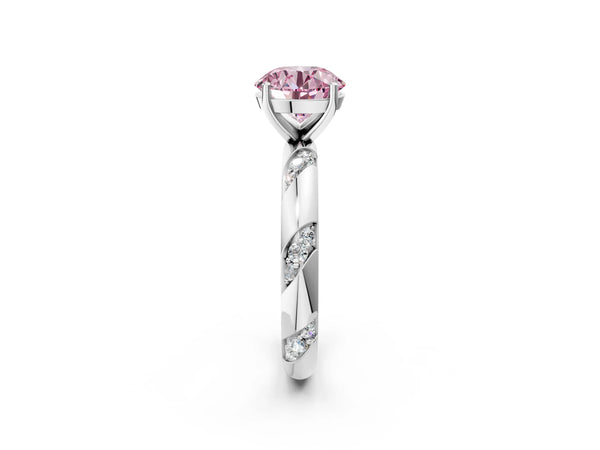 Platinum Fancy Pink Round Cut Solitaire Diamond Engagement Ring with Twisted Pave Band and Four-Prong Setting