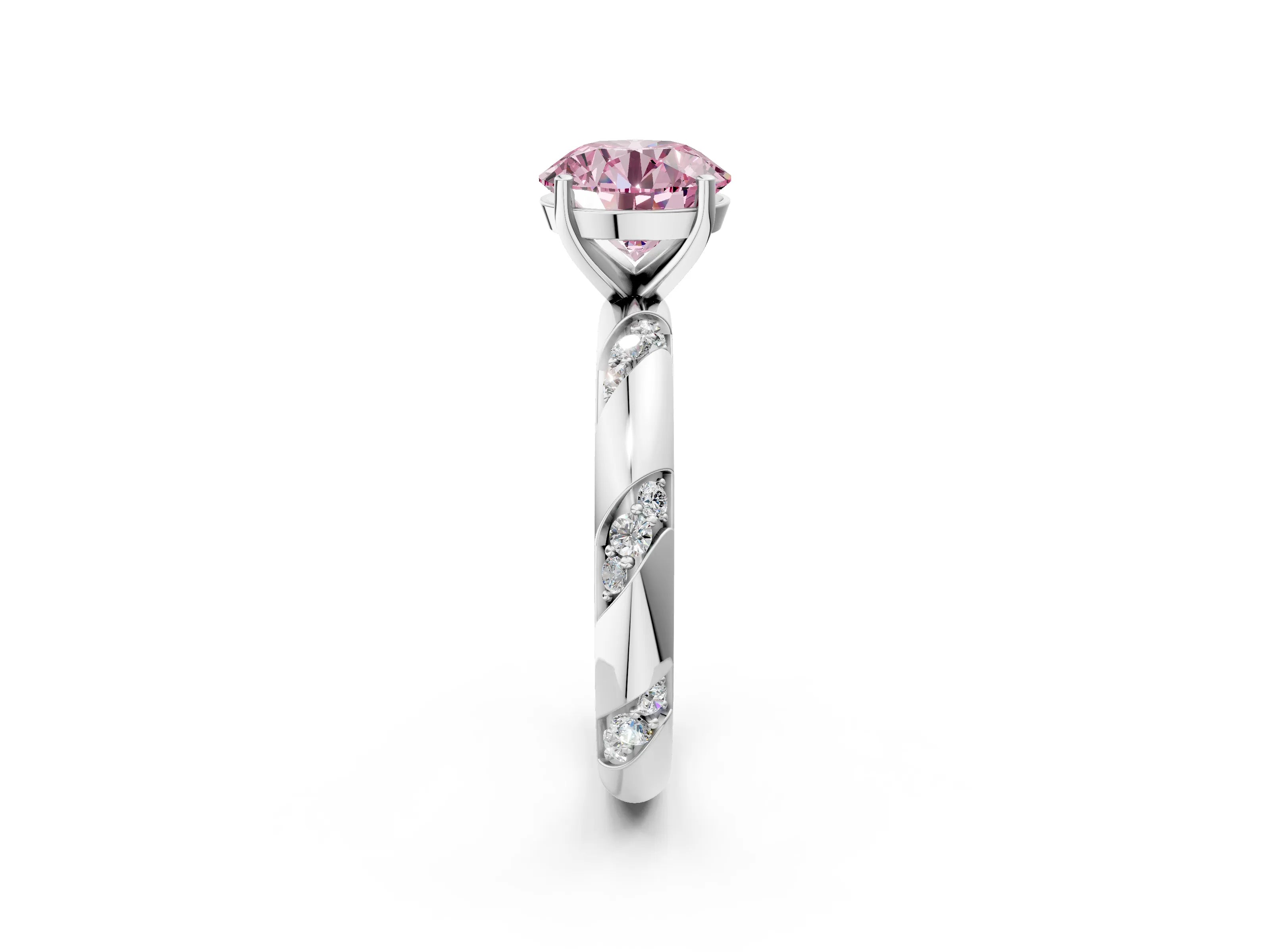 White gold Fancy Pink Round Cut Solitaire Diamond Engagement Ring with Twisted Pave Band and Four-Prong Setting_21