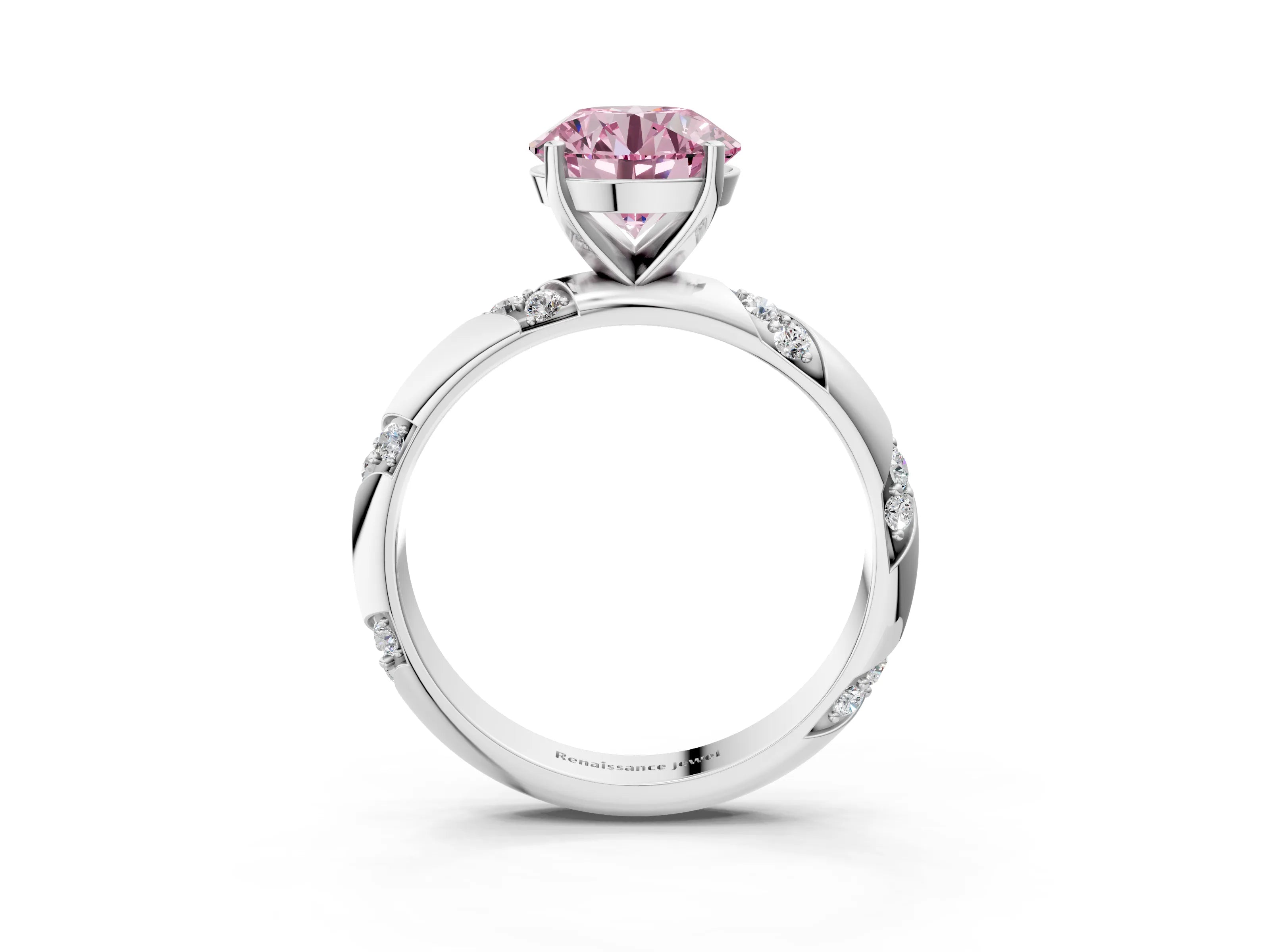 White gold Fancy Pink Round Cut Solitaire Diamond Engagement Ring with Twisted Pave Band and Four-Prong Setting_22