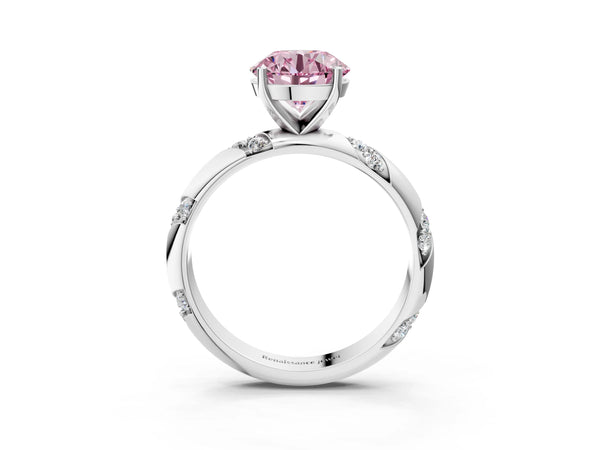 Platinum Fancy Pink Round Cut Solitaire Diamond Engagement Ring with Twisted Pave Band and Four-Prong Setting