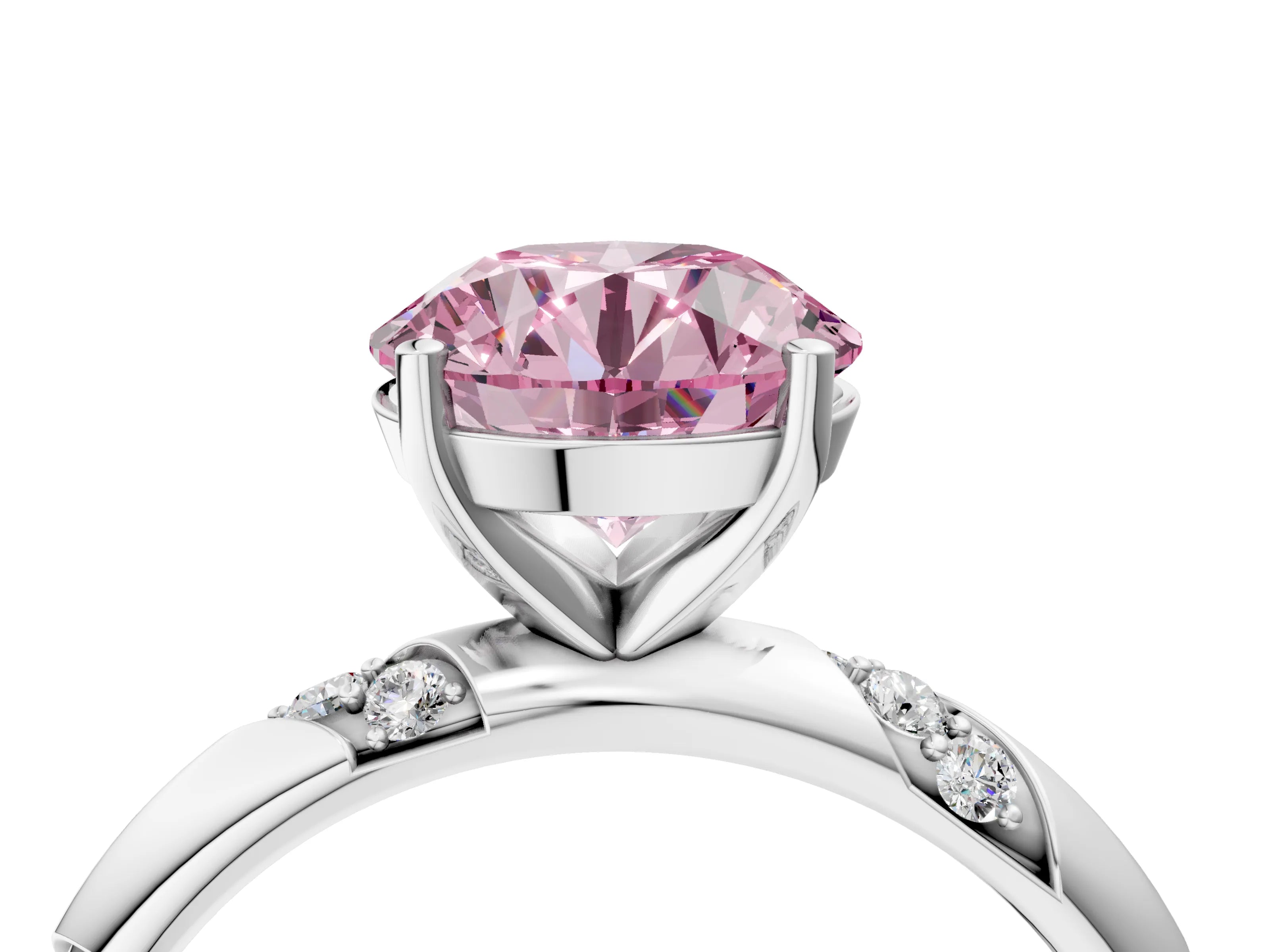 White gold Fancy Pink Round Cut Solitaire Diamond Engagement Ring with Twisted Pave Band and Four-Prong Setting_23