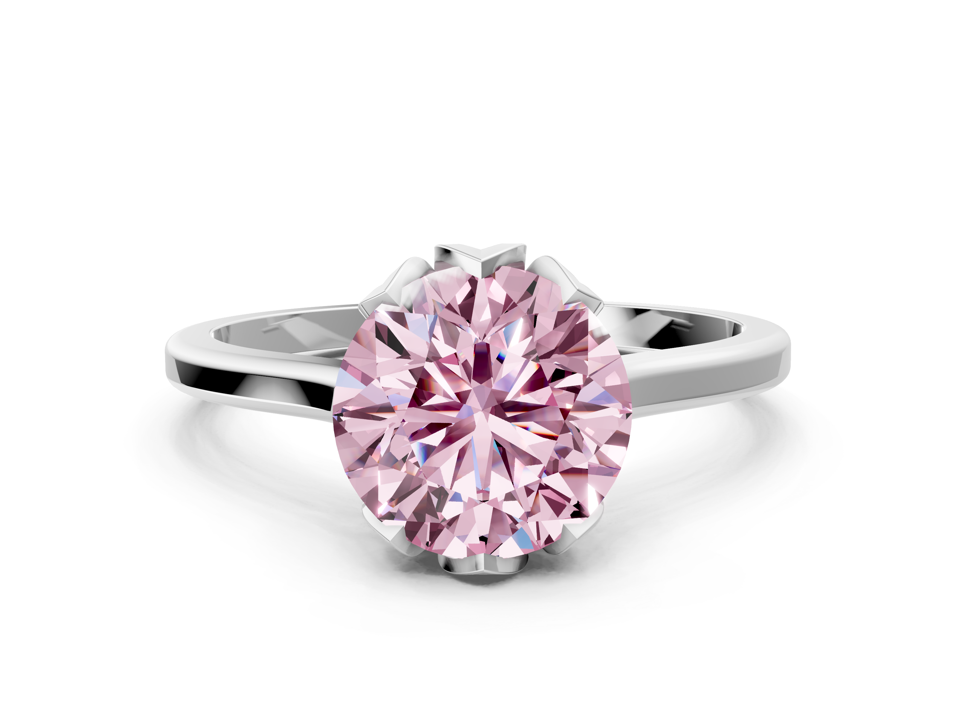 White gold Fancy Pink Round  Cut Solitaire Diamond Ring with Flower-Prong Setting and Classic Band