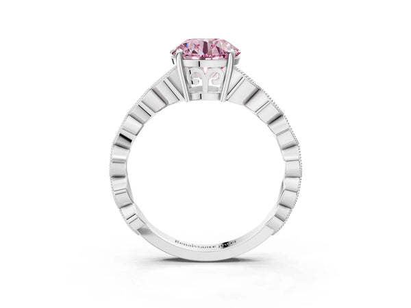 White gold Fancy Pink Round Cut Solitaire Diamond Ring with Infinity Twist Band and Four-Prong Setting