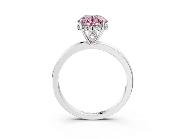 Platinum Round Thin Band Hidden Halo Engagement Ring Setting for Fancy Pink Center