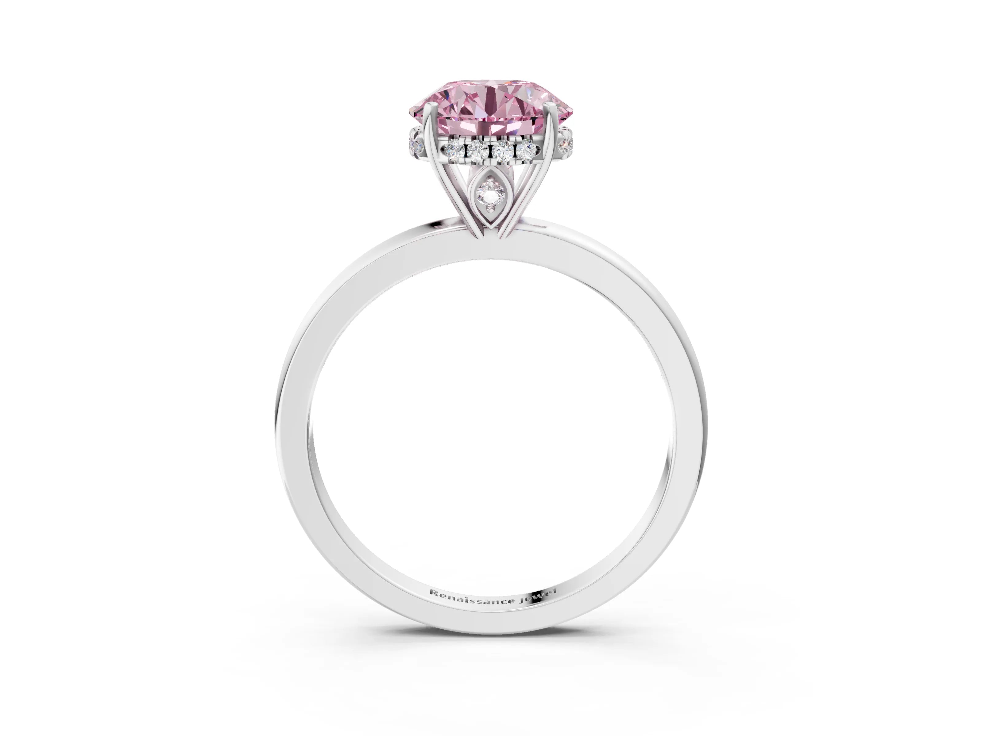 White gold Fancy Pink Round Cut Solitaire Diamond Ring with Prong Setting and Plain Band_15
